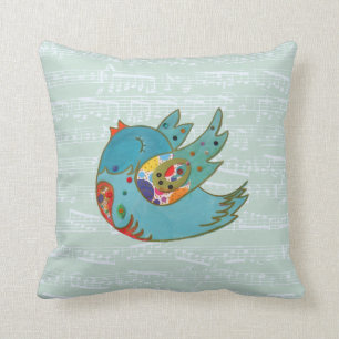 Cute bird flying and singing throw pillow