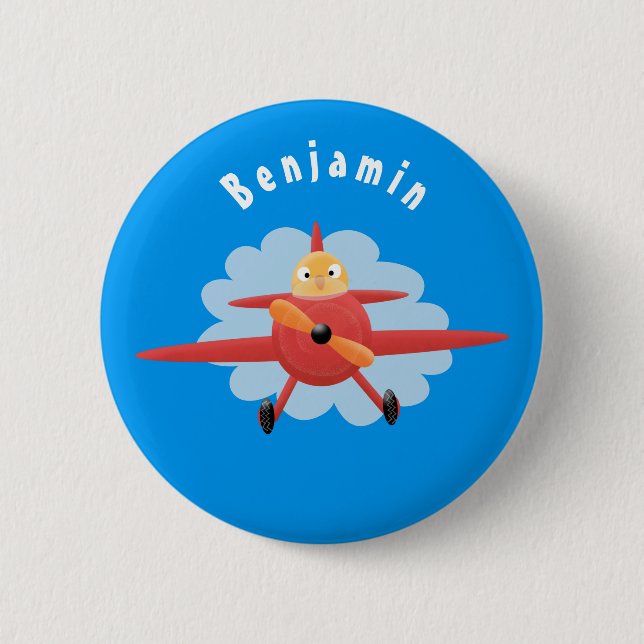 Cute bird flying red airplane cartoon illustration 2 inch round button (Front)