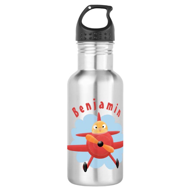 Cute bird flying red airplane cartoon illustration 532 ml water bottle (Front)