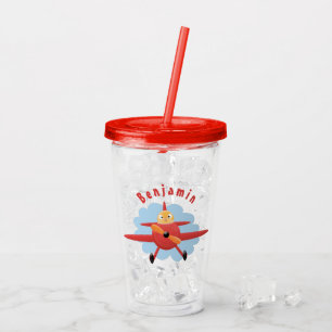Cute bird flying red airplane cartoon illustration acrylic tumbler