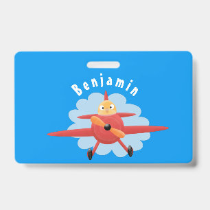 Cute bird flying red airplane cartoon illustration badge