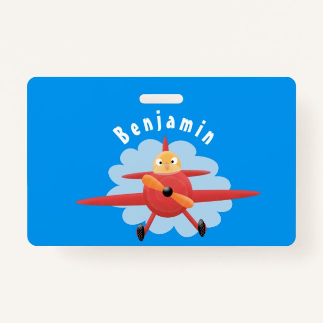 Cute bird flying red airplane cartoon illustration badge (Front)