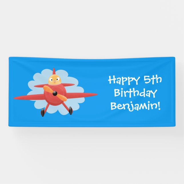 Cute bird flying red airplane cartoon illustration banner (Horizontal)