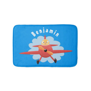 Cute bird flying red airplane cartoon illustration bath mat