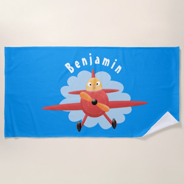 Cute bird flying red airplane cartoon illustration beach towel (Front)