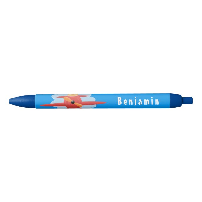 Cute bird flying red airplane cartoon illustration black ink pen (Front)