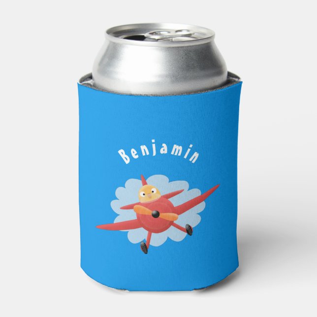 Cute bird flying red airplane cartoon illustration can cooler (Can Front)