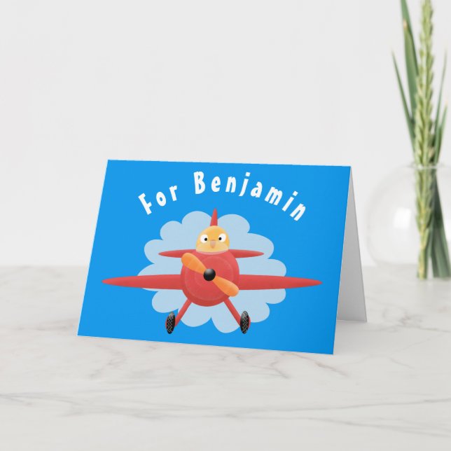 Cute bird flying red airplane cartoon illustration card (Front)