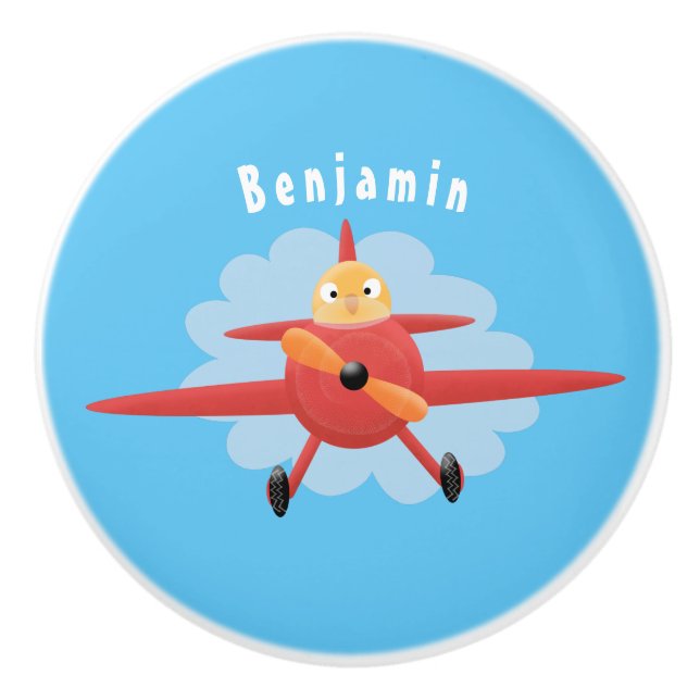 Cute bird flying red airplane cartoon illustration ceramic knob (Front)
