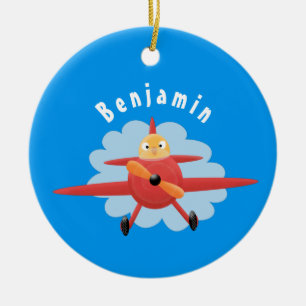 Cute bird flying red airplane cartoon illustration ceramic ornament