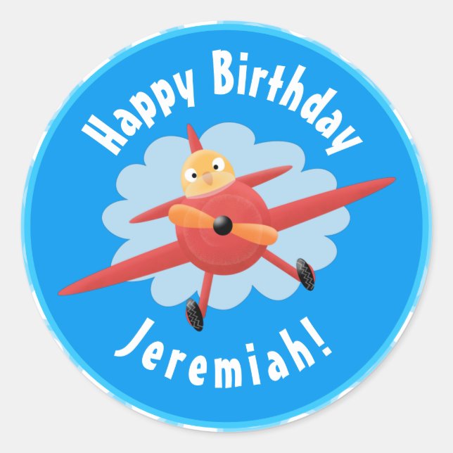 Cute bird flying red airplane cartoon illustration classic round sticker (Front)