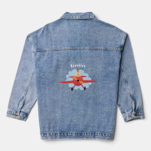 Cute bird flying red airplane cartoon illustration denim jacket