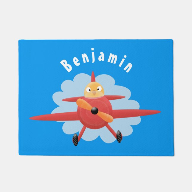 Cute bird flying red airplane cartoon illustration doormat (Front)