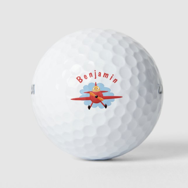 Cute bird flying red airplane cartoon illustration golf balls (Front)