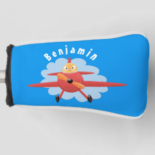 Cute bird flying red airplane cartoon illustration golf head cover