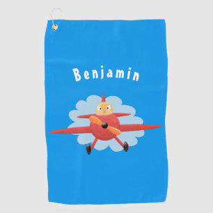 Cute bird flying red airplane cartoon illustration golf towel