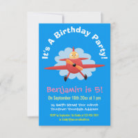 Cute bird flying red airplane cartoon illustration
