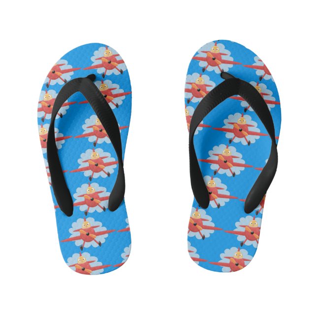 Cute bird flying red airplane cartoon illustration kid's flip flops (Footbed)