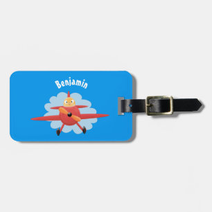Cute bird flying red airplane cartoon illustration luggage tag