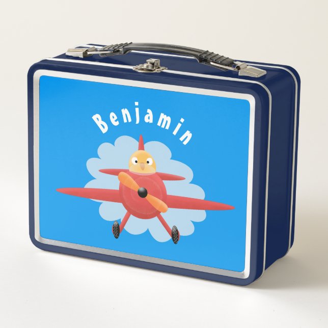 Cute bird flying red airplane cartoon illustration metal lunch box (Front)