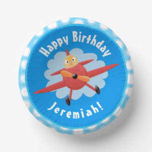 Cute bird flying red airplane cartoon illustration paper plate