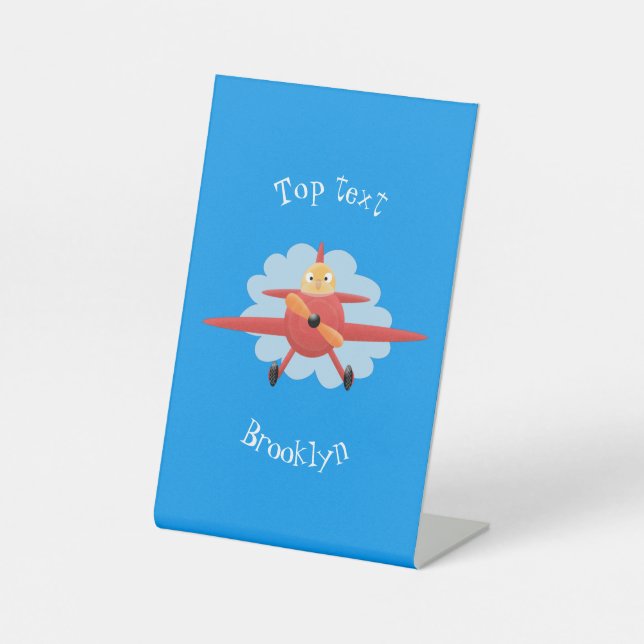 Cute bird flying red airplane cartoon illustration pedestal sign (Front)