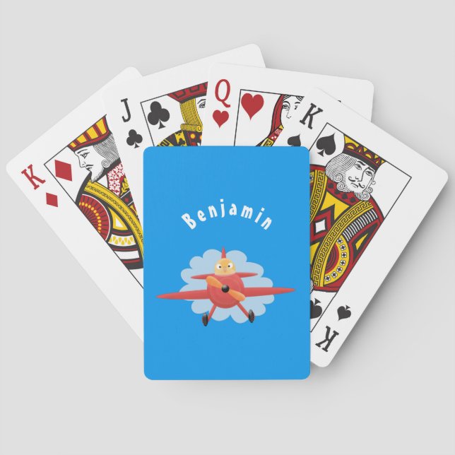 Cute bird flying red airplane cartoon illustration playing cards (Back)