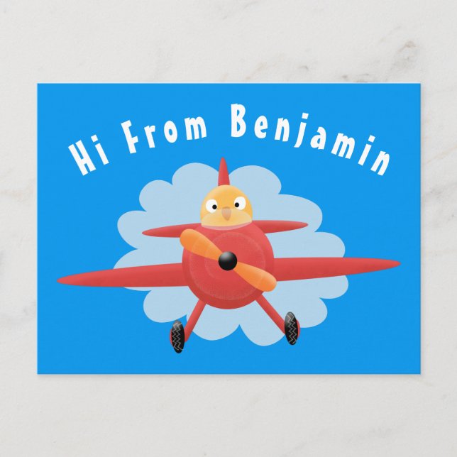 Cute bird flying red airplane cartoon illustration postcard (Front)