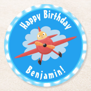 Cute bird flying red airplane cartoon illustration round paper coaster