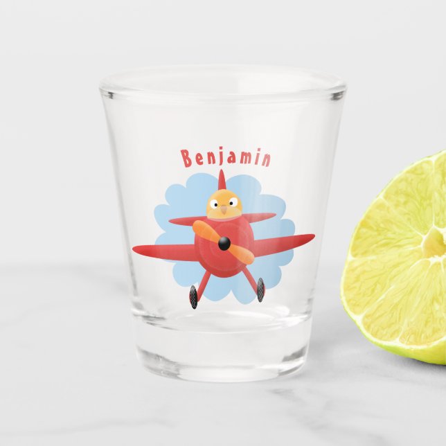 Cute bird flying red airplane cartoon illustration shot glass (Front)
