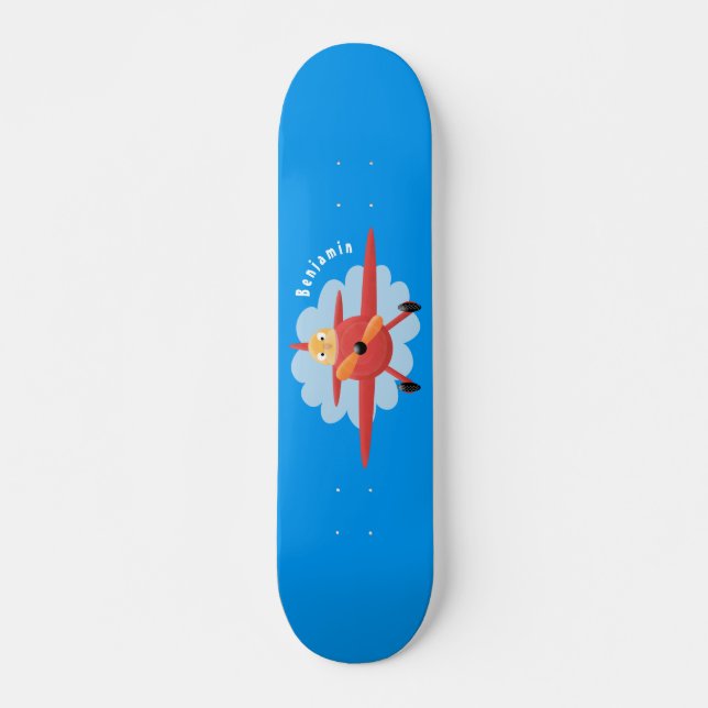 Cute bird flying red airplane cartoon illustration skateboard (Front)