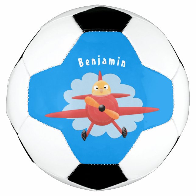 Cute bird flying red airplane cartoon illustration soccer ball (Front)