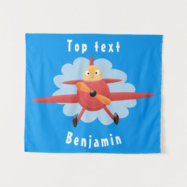 Cute bird flying red airplane cartoon illustration tapestry (Front (Horizontal))
