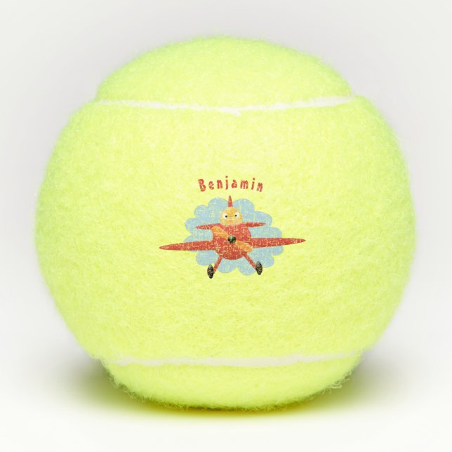 Cute bird flying red airplane cartoon illustration tennis balls (Front)