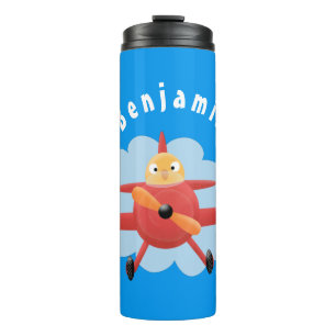 Cute bird flying red airplane cartoon illustration thermal tumbler