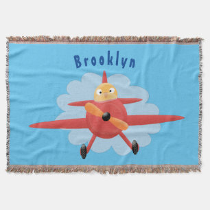 Cute bird flying red airplane cartoon illustration throw blanket