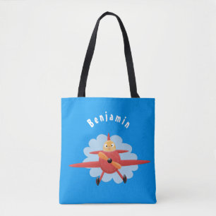 Cute bird flying red airplane cartoon illustration tote bag