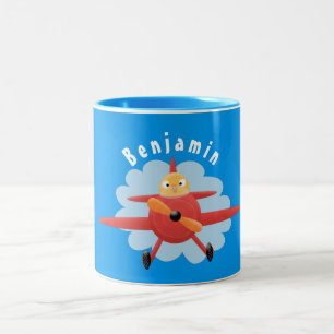 Cute bird flying red airplane cartoon illustration Two-Tone coffee mug