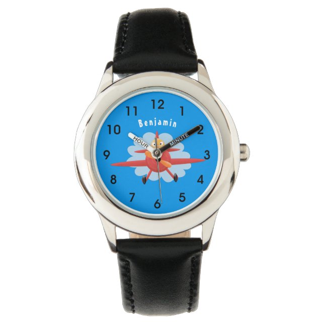Cute bird flying red airplane cartoon illustration watch (Front)