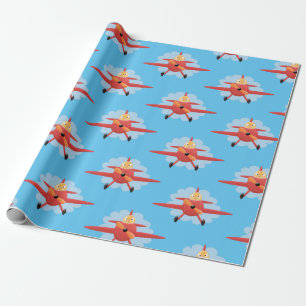 Cute bird flying red airplane cartoon illustration wrapping paper