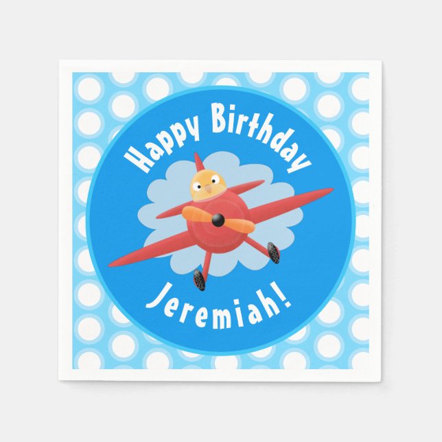 Cute bird flying red airplane cartoon personalized napkin (Front)