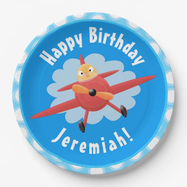 Cute bird flying red airplane cartoon personalized paper plate (Front)