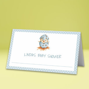 Cute Bird Hatching Blue Baby Shower Place Card