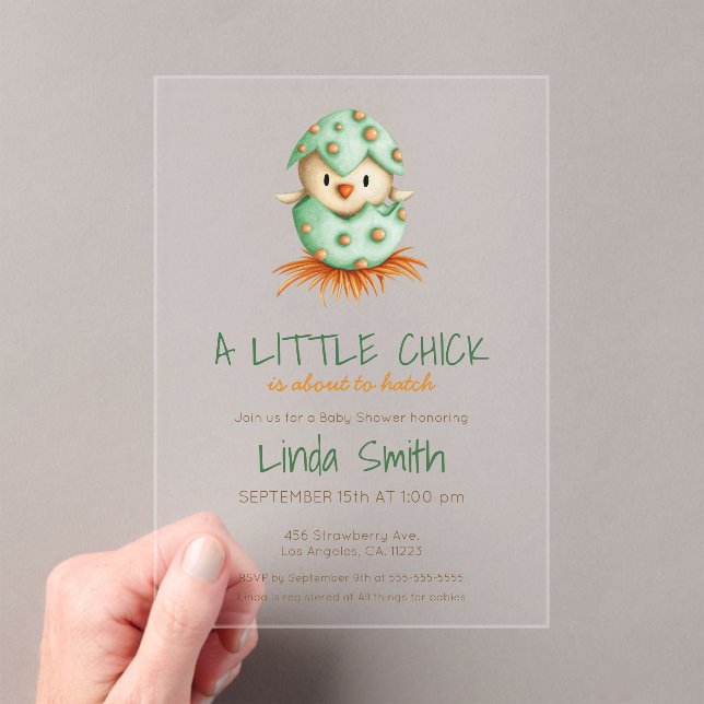 Cute Bird Hatching Green Neutral Baby Shower Acrylic Invitations (Insitu (Handheld))