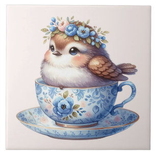 Cute Bird in Floral Teacup Cottagecore Art Tile