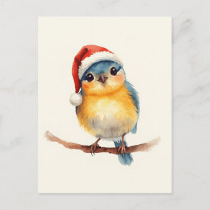 Cute Bird in Santa Hat Watercolor Xmas Holiday Postcard