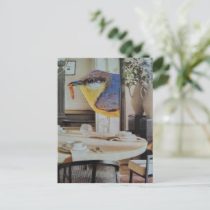 cute bird in the dining room surreal collage art postcard