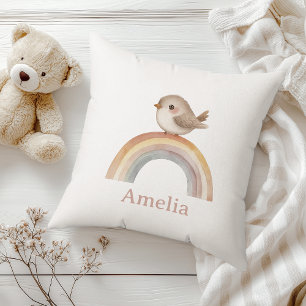 Cute Bird On A Boho Rainbow With Baby Name Nursery Throw Pillow