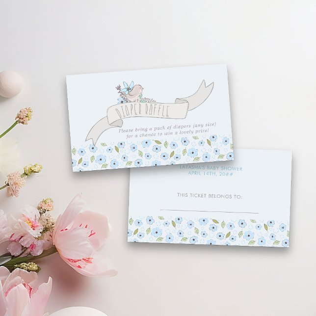 Cute Bird on Banner Diaper Raffle Boy Baby Shower Enclosure Card (Diaper Raffle Tickets from my Little Bunny & Balloon Baby Shower collection)