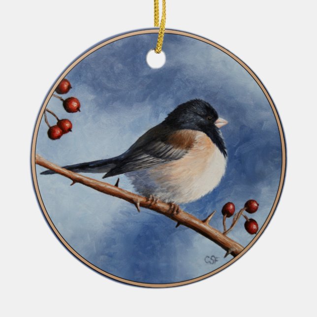 Cute Bird Oregon Junco and Winter Berries Ceramic Ornament (Front)